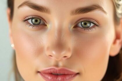 Fiatal nő arcbőrének közelképe pigmentáció megelőzéséről.