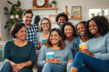 Vidám baráti társaság kávéval, akik élvezik az együttlétet.