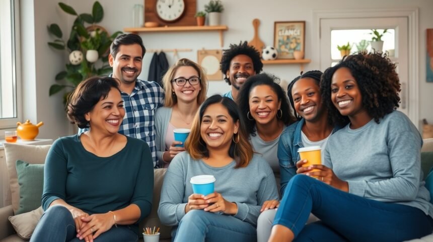 Vidám baráti társaság kávéval, akik élvezik az együttlétet.