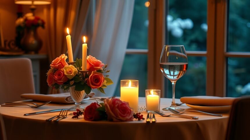 Romantikus ünneplés házassági évfordulóra gyertyafénynél.