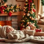 Baba karácsonyi dekorációval díszített szobában