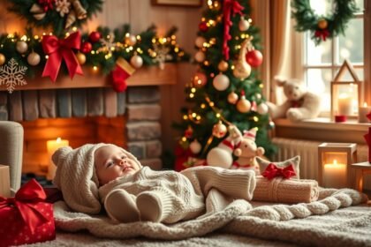 Baba karácsonyi dekorációval díszített szobában