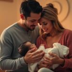 Boldog szülők új gyermekükkel otthoni környezetben.