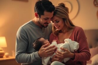 Boldog szülők új gyermekükkel otthoni környezetben.