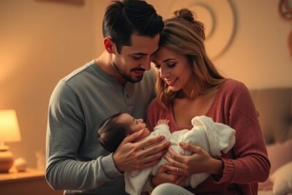 Boldog szülők új gyermekükkel otthoni környezetben.