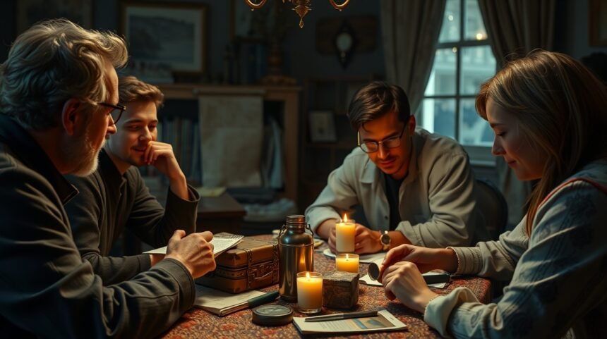 Csoport emberek értéktárgyakat és érzékeny tartalmat értékel a gyertyafénynél.