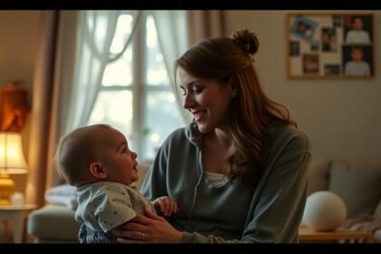 Anya beszél babájához, fejlesztve nyelvi készségeit.