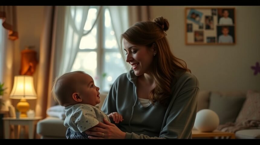 Anya beszél babájához, fejlesztve nyelvi készségeit.