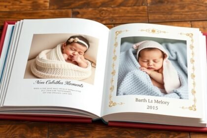 Baba születési emlékkönyv, aranyszélű fotókkal a legszebb pillanatokhoz.