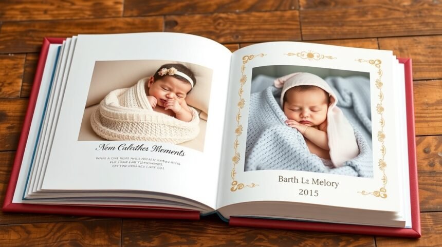 Baba születési emlékkönyv, aranyszélű fotókkal a legszebb pillanatokhoz.