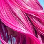 Pink dyed hair flowing in the wind on a sunny beach.