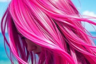 Pink dyed hair flowing in the wind on a sunny beach.