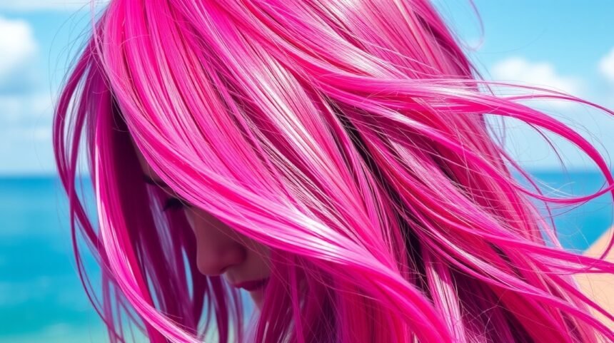 Pink dyed hair flowing in the wind on a sunny beach.