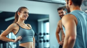 Fiatal nő és férfi beszélget a teremben, kapcsolatépítés.