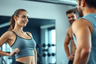 Fiatal nő és férfi beszélget a teremben, kapcsolatépítés.