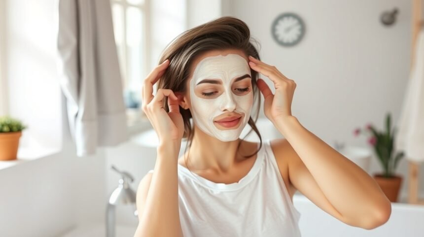 Nő házi hajápoló maszkot készít és használ otthon