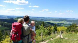 Család babakocsival kirándul egy szép tájon Magyarországon.