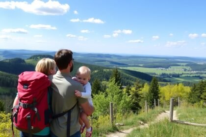 Család babakocsival kirándul egy szép tájon Magyarországon.