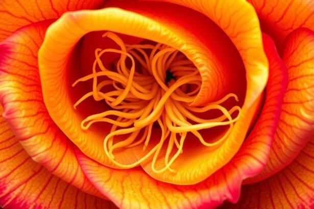 Rózsaszín-narancssárga virág belső része