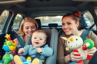 Gyerekek autóban játékokat tartanak, szórakoztató utazáshoz.