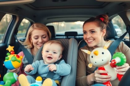 Gyerekek autóban játékokat tartanak, szórakoztató utazáshoz.