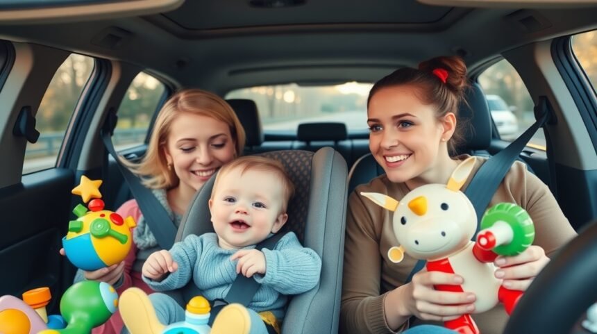 Gyerekek autóban játékokat tartanak, szórakoztató utazáshoz.