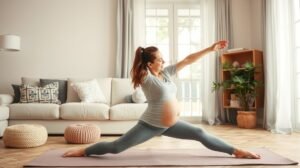 Szülés utáni edzés: terhes nő otthon jógázik