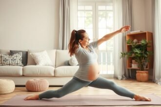 Szülés utáni edzés: terhes nő otthon jógázik