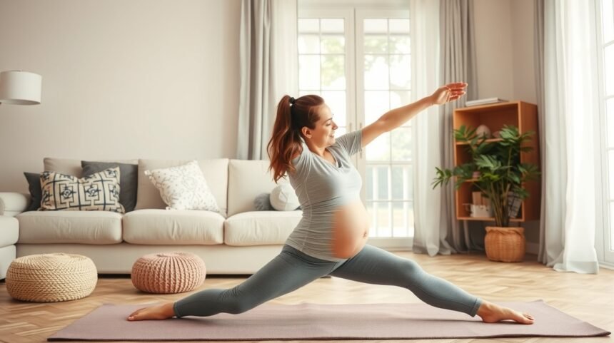 Szülés utáni edzés: terhes nő otthon jógázik