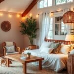 Hangulatos nappali részlet, növényekkel és világítással berendezve staycationhoz.