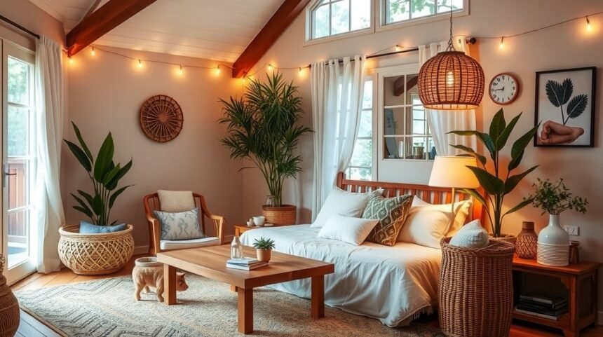 Hangulatos nappali részlet, növényekkel és világítással berendezve staycationhoz.