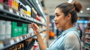 Nő a boltban, kozmetikumokat választva
