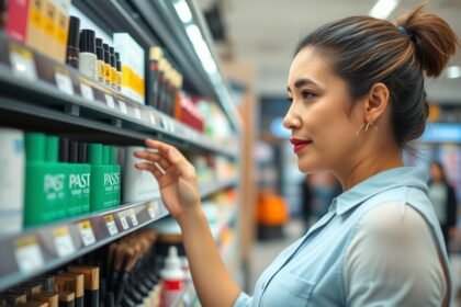 Nő a boltban, kozmetikumokat választva