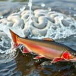 Friss lazac úszik a vízfelszínen, háttérben agyformájú vízsugarak.