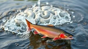 Friss lazac úszik a vízfelszínen, háttérben agyformájú vízsugarak.