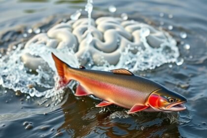 Friss lazac úszik a vízfelszínen, háttérben agyformájú vízsugarak.