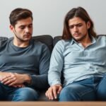 Két férfi ül a kanapén, érzelmi távolság érződik közöttük, párkapcsolati stressz.