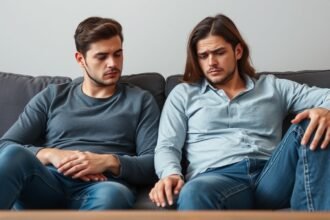 Két férfi ül a kanapén, érzelmi távolság érződik közöttük, párkapcsolati stressz.