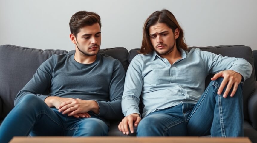 Két férfi ül a kanapén, érzelmi távolság érződik közöttük, párkapcsolati stressz.