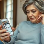 Negyven feletti nő randiappot használva otthon.