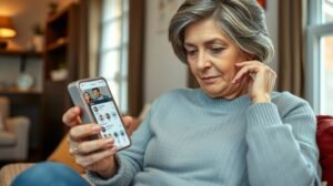 Negyven feletti nő randiappot használva otthon.