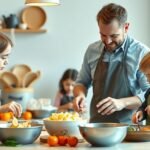 Gyermekek és szülők közös főzőtanfolyamon a konyhában.