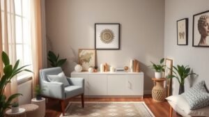 Békés, harmonikus belső tér növényekkel és képekkel.