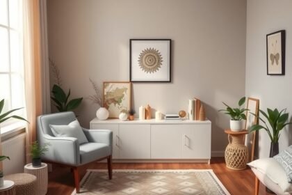 Békés, harmonikus belső tér növényekkel és képekkel.