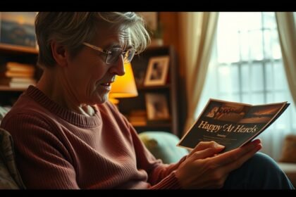 Idős nő fotóalbumot nézeget, emlékek és érzelmek között.