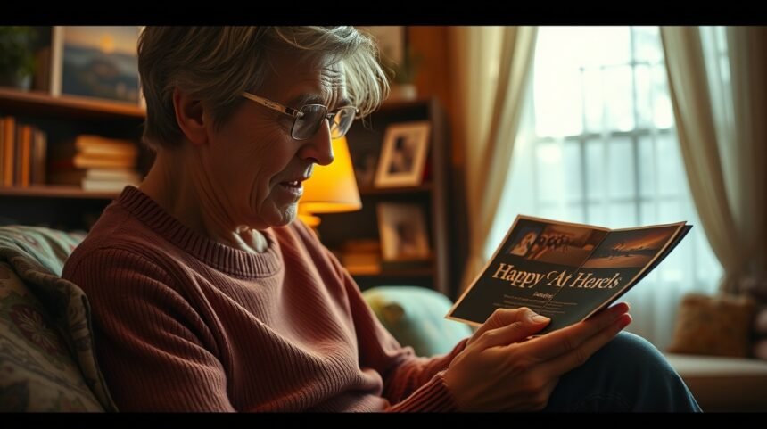 Idős nő fotóalbumot nézeget, emlékek és érzelmek között.