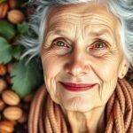 Idős nő boldogan mosolyog, körülötte különböző diófélék és levél