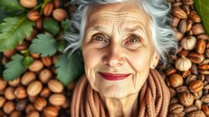 womensway 131 Idős nő boldogan mosolyog, körülötte különböző diófélék és levél
