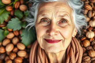 Idős nő boldogan mosolyog, körülötte különböző diófélék és levél