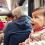 Baba vidáman utazik tömegközlekedési járművön.